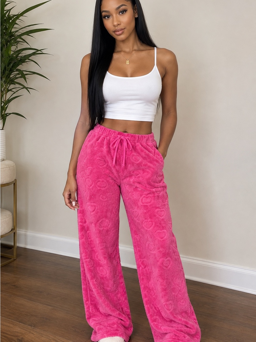 Cozy Women's Plush Heart Lounge Pants - Pink